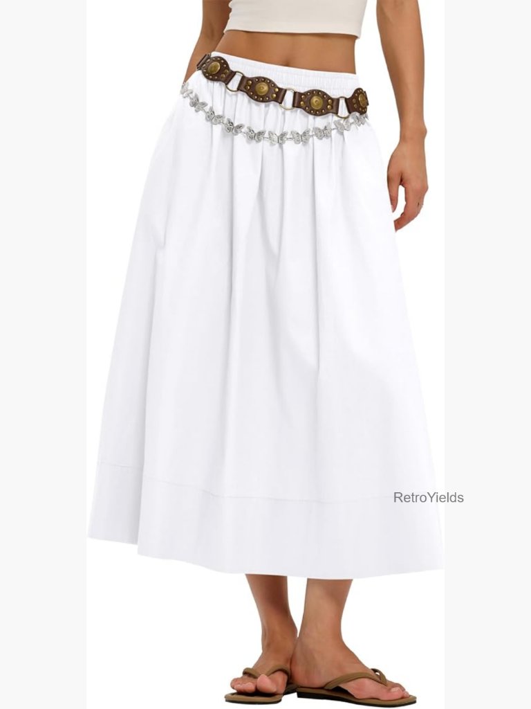 Cotton A-Line Maxi Skirt With Pockets Elastic Waist Flowy Midi Boho Skirt